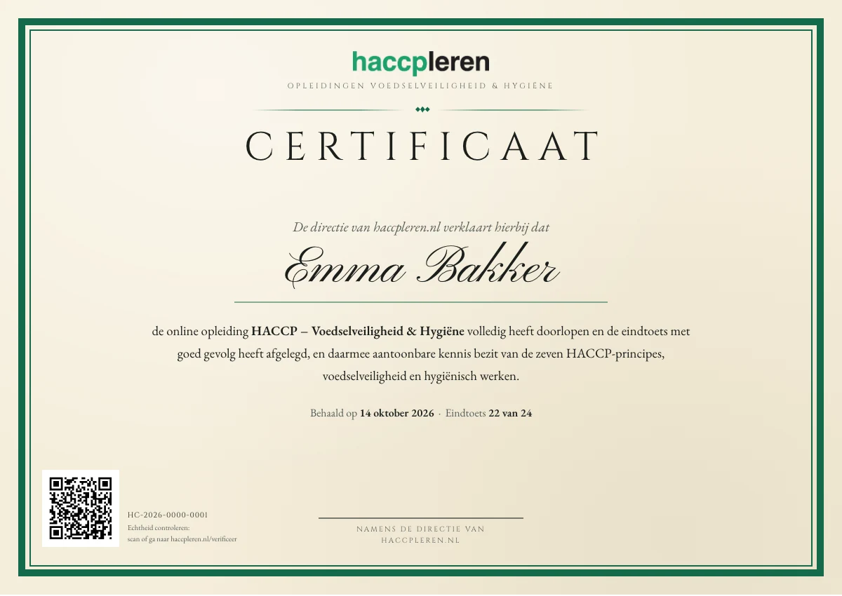 Voorbeeld van een certificaat op naam: Emma Bakker, met certificaatnummer en QR-code om de echtheid te controleren